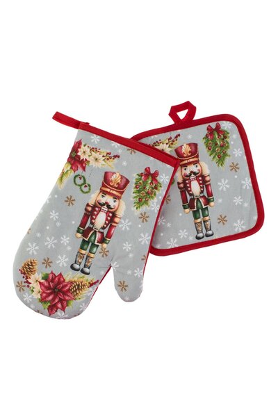Zumzeria Christmas Set with Kitchen Mitten and Napkin Grey Red Nutcracker - 2pcs