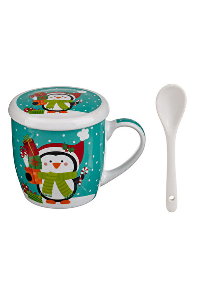 Zumzeria Christmas Mug Set with Lid & Penguin Spoon with Gifts 350ml - 3pcs