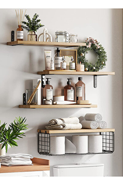 CozyDecor 4-Piece Natural Wood Color Floating Wall Shelves Rustic Wood and Me...