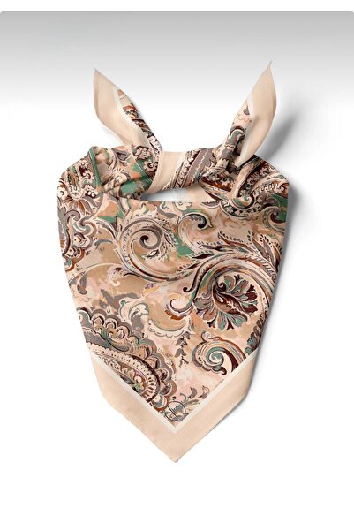 Burshe Ecru Ethnic Vintage Patterned Silky - Satin Scarf