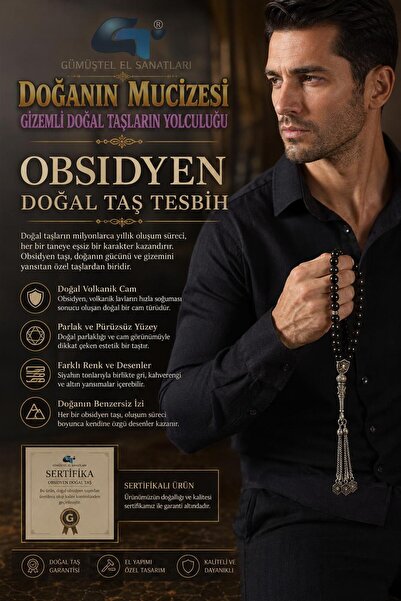 GÜMÜŞTEL EL SANATLARI Certified Obsidian Natural Stone Prayer Beads