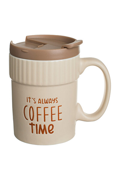Zumzeria Beige New Bone Mug "Coffee Time" with Brown Lid 400ml