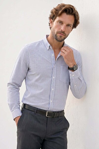 Tudors Erkek Slim Fit Dar Kesim %100 Pamuk Düğmeli Yaka Çizgili Uzun Kollu Ce...