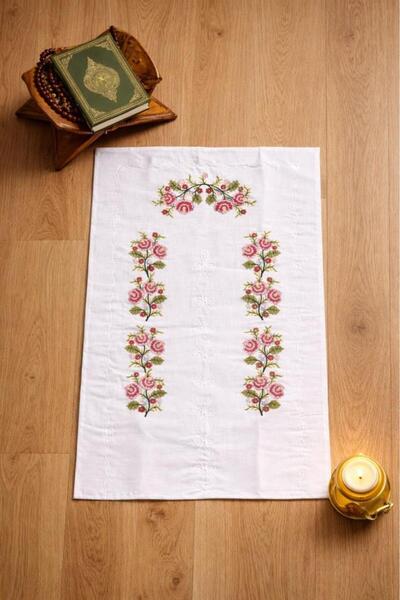 Çeyiz Diyarı Cross-Stitch Embroidered Gardenia 70X135 cm Prayer Rug Pink