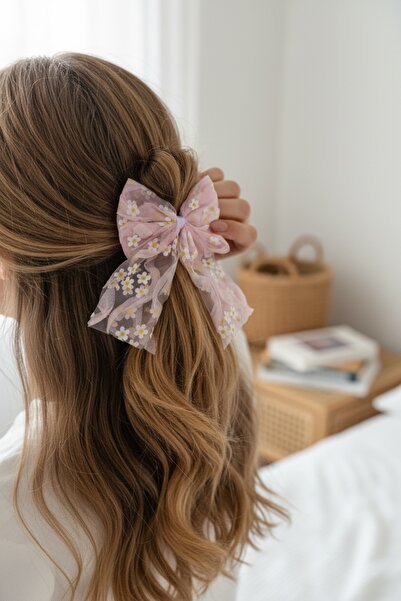 FAYRA ACCESSORIES مشبك فيونكة من قماش التول المزخرف بنقشة الأقحوان، مشبك أوتو...