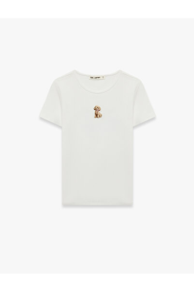 Koton Slim Fit Dog Embroidery Detailed Short Sleeve Crew Neck T-Shirt