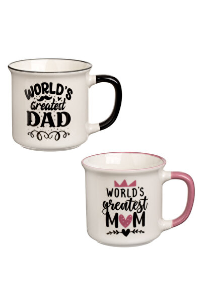 Zumzeria Set of 2 Ecru Pink Black Ceramic Mugs 'Greatest Mom & Dad' 340ml