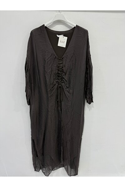 della moor Italian Brown Collar Gathered Folded Long Sleeve Lined Long Silk D...