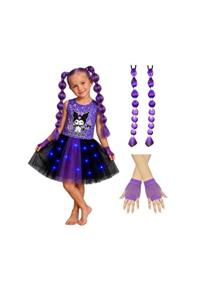 3b kids kuromi kostüm elbise ışıklı kostüm penye elbise kuromi babble saç per...