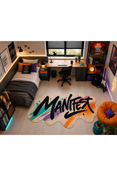 Rugs Modern Halı SDT Manifest Yazılı Grafitti Stil Özel Kesim Bej Siyah Çok R...