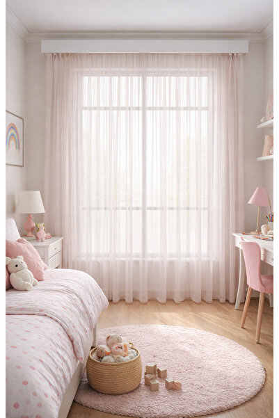 Elen's Pink Natural Non-Ironing Living Room, Living Room 1/2 Pleated Tulle Cu...