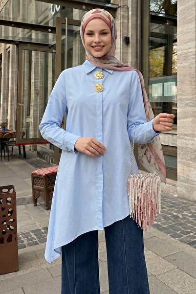 InStyle Double Buckle Placket Baby Blue Asymmetrical Tunic
