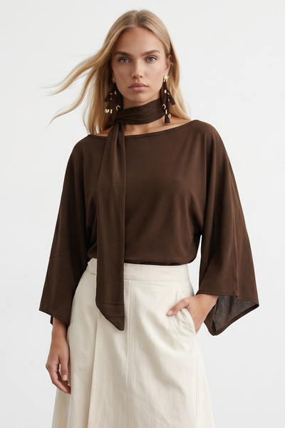 Trend Alaçatı Stili Women's Brown Boat Neck Scarf Detailed Woven Blouse Alc-X...