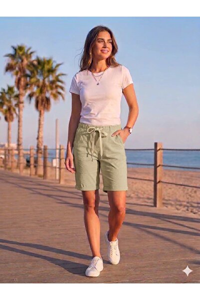 AYASOFYA OTANTIK Women's Italian Light Khaki Elastic Waist Pocketed Straight ...