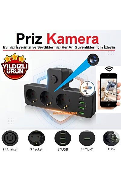 Kalite 3'Lü Akım Korumalı Priz Wifi Ev Güvenlik Kamerası (Dünyanın Heryerinde...
