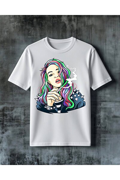 COMVİCHO Colorful Sheet Metal Female Portrait Printed Oversize T-Shirt