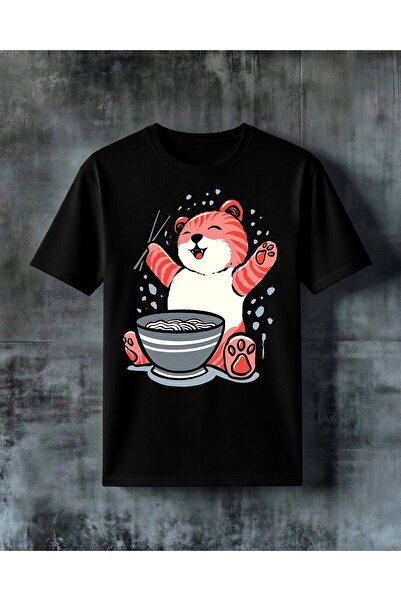 COMVİCHO Happy Bear Eating Ramen Printed Oversize T-Shirt