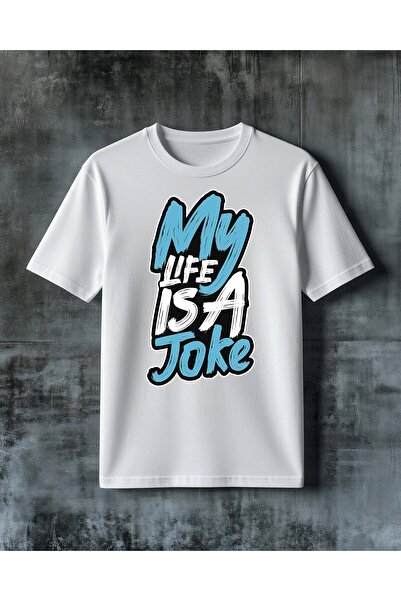 COMVİCHO Life Is a Joke Blue Graffiti Printed Oversize T-Shirt