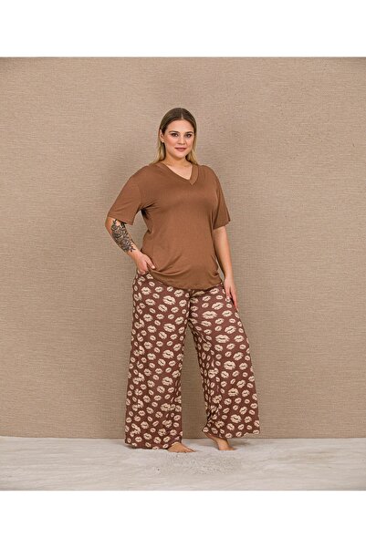 Viselya Patterned Short Sleeve Plus Size Pajama Set