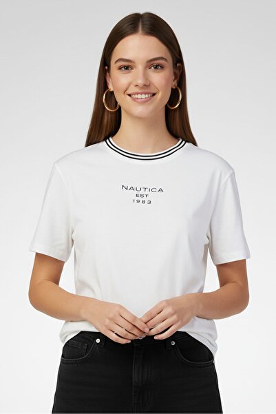 Nautica Women Crew Neck Short Sleeve Brand Logo T-Shirt, White
