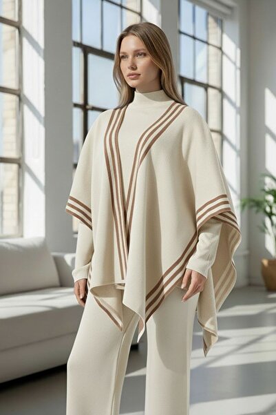 Intisimo Women's Knitted Three-Piece Classic Set, Ivory White/Brown