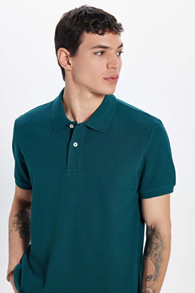 Tudors Erkek Slim Fit Dar Kesim %100 Pamuk Kısa Kollu Polo Yaka Yeşil Tişört