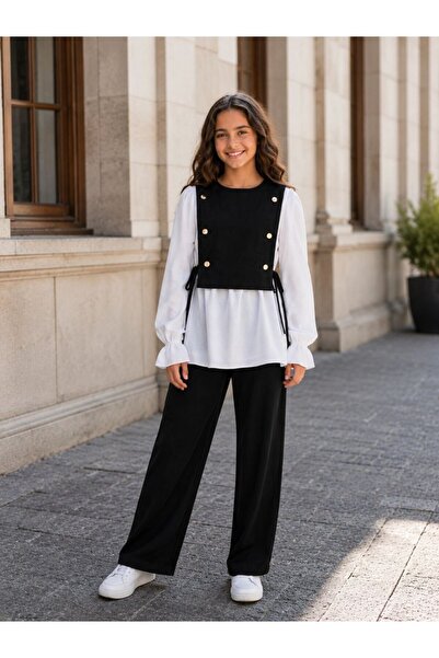 ASALEA Bayrama Special Girls' 3-Piece Linen Set. Vest, Blouse, Trousers (High...