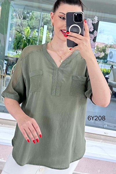 İnce Topuk Short Sleeve Mesh Detail Washed Cotton Fabric Blouse 6Y208