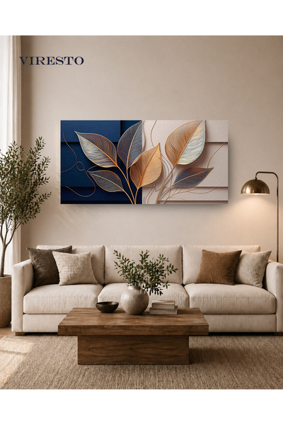 VIRESTO Gold Ve Lacivert Yaprak Desenli Modern Panoramik Kanvas Tablo