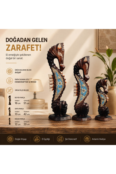 İki Yedi Konsept Seory: 3’lü Ahşap Denizatı Heykeli El Yapımı Denizci Obje Ma...