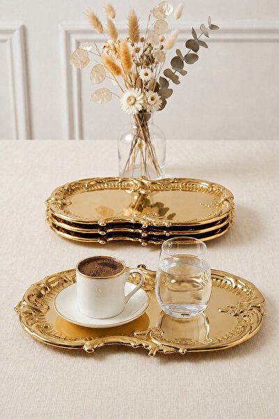 Kitchen Life 4-Piece Bulut Gold Embroidered Vintage Tray, Presentation Tray -...