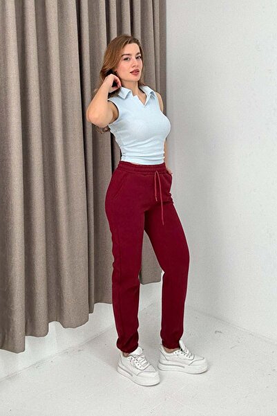 Raneel Kazançlı Alışveriş Women's Thick Belted Elastic Waist Sweatpants Burgundy
