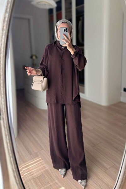Ka Hijab Casual Shirt and Pants Two-Piece Set - Brown