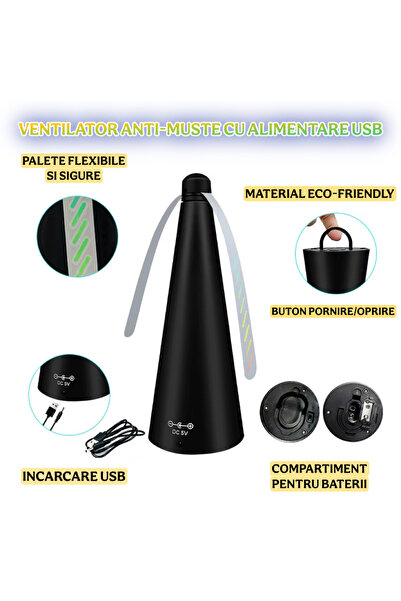 2AMNOVA Ventilator Anti Muste USB Portabil, pentru Masa, Terasa, Gratar, Camping, Alimentare USB si Baterii, Negru