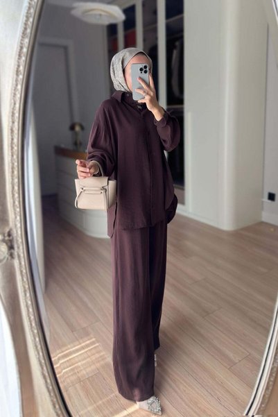 Ka Hijab Casual Shirt and Pants Two-Piece Set - Brown