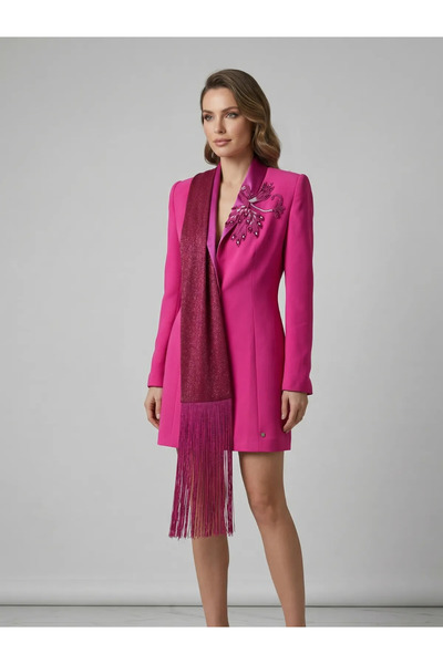 CRYSTALİA Şal Yaka Püskül Detaylı ve Taş İşlemeli Mini Blazer Elbise