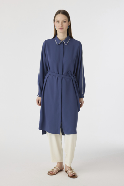 Zühre Piping Collar Belted Flowing Form Indigo Tunic 1646