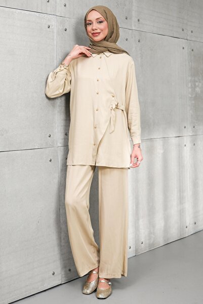 İmajButik Beige Buttoned Tunic Trouser Suit