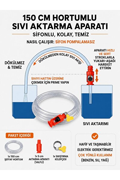 HAYHAYPETSHOP 150 CM Hortumlu Sıvı Aktarma Aparatı Sifonlu Benzin Mazot Su Ya...