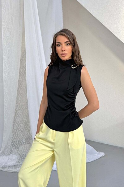 RB CLUB Black Accessory Buckle Detailed Stand Collar Blouse