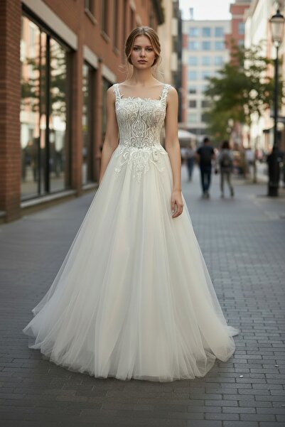 GÖKŞİN MODA Square Collar Guipure Embroidered Wedding Dress