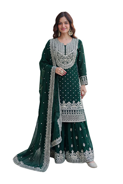 MYSMAR Green Faux Georgette Kurti Sharara & Dupatta - HRT7581 | Green