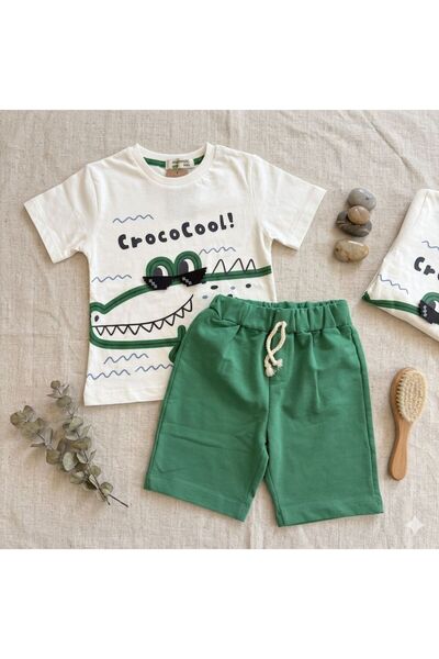 Victorino Tricou cu Imprimeu Crocodil și Pantaloni Scurți Verzi, Bumbac Moale