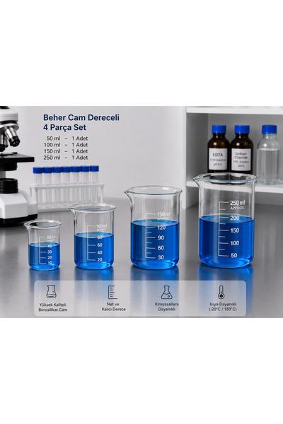 Labolist Beher Cam Dereceli 50 ml 1 Adet, 100 ml 1 Adet, 150 ml 1 Adet, 250 m...