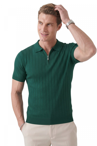 DeepSEA Men's Green Polo Collar Zippered Striped Textured Regular Fit Lycra K...