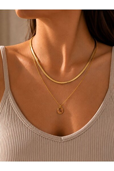 Line Minimal Çift Katman Balık Sırtı Kadın Kolye – Gold Renk Doğal Taş Detayl...