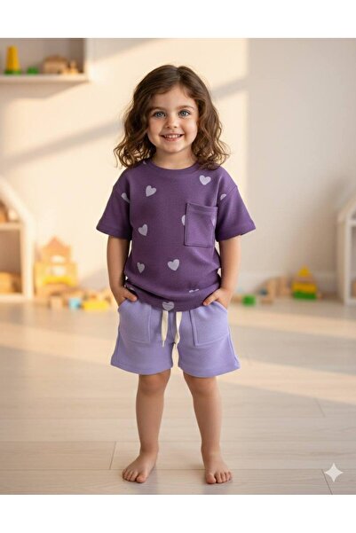 Defy Kids Purple Hearted Girls' T-Shirt Shorts Ribbed Summer Set