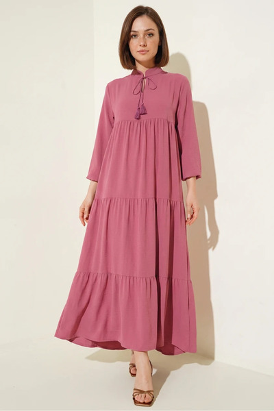 Efnaz style Women's Lace-Up Collar, Gathered Waist, Ruffled Viscose Light Pin...