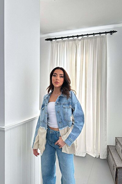 ozelia Blue Knitwear Garnished Denim Jacket