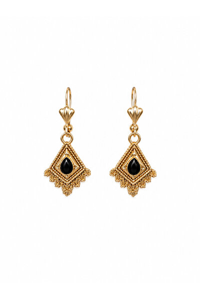 TuQos Women's Gold Black Stone Authentic Earrings Ethnic Patterned Dangle Ear...
